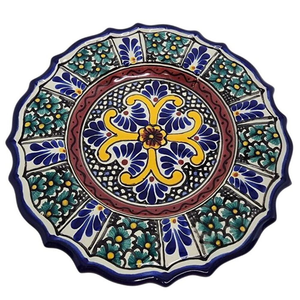 Talavera Plate Hand Painted Floral Puebla Mexico‎ Hanging Scalloped